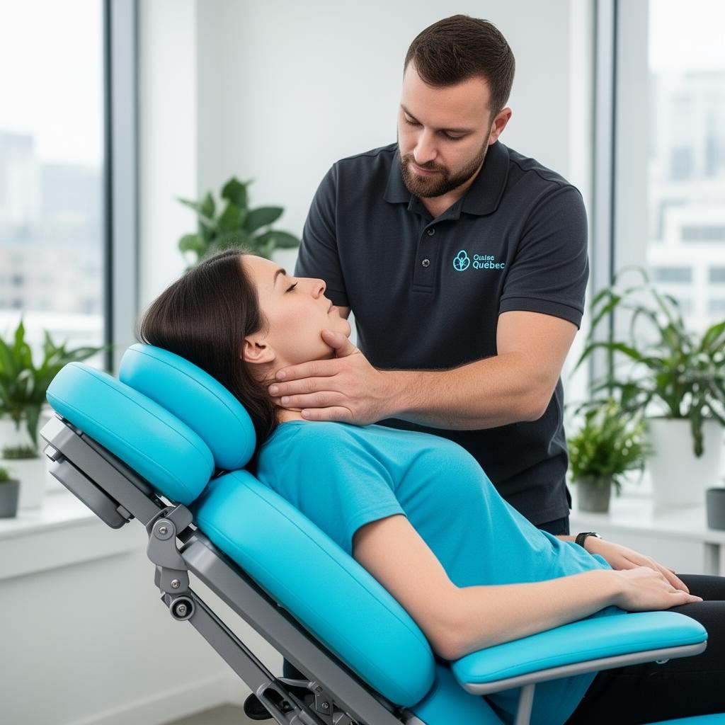 Massothérapeute agréé Massage GOP effectuant un massage sur chaise ergonomique bleue à une employée dans un bureau moderne au Québec — soulagement des tensions du cou, des épaules et du dos